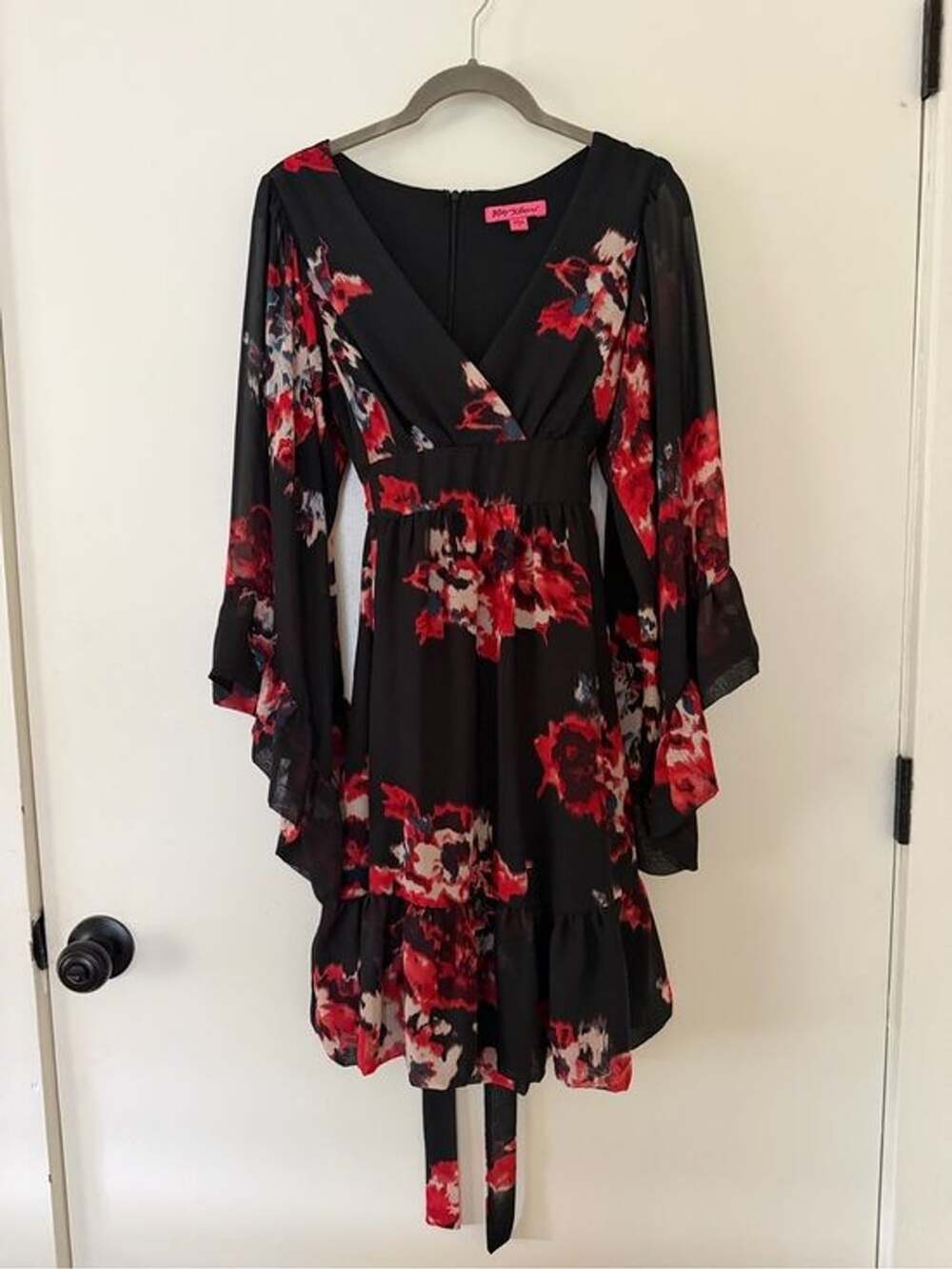 Betsey Johnson Black Dress with Red Floral Accents